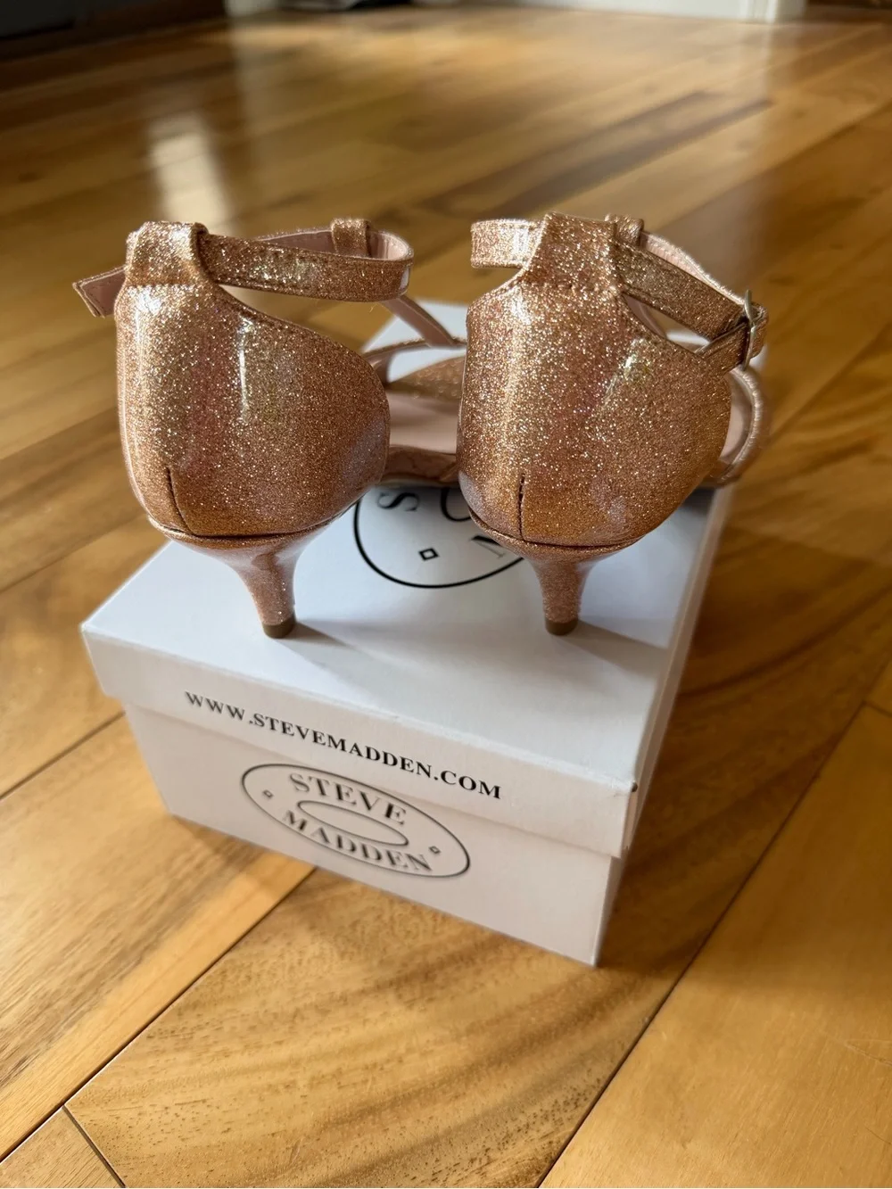 Steve Madden Rose Gold Glitter T-Strap Heels